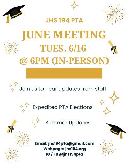 June PTA Meeting at 6PM in Auditorium 